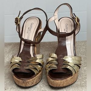 Gastone Lucioli Leather Sandals Straw-Wedge Platform Shoes Heels Sz 8 MADE ITALY